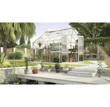 Gewächshaus im Garten mit Pflanzen und Gartenteich