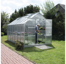 Gewächshaus mit Person, Pflanzen und Regalen im Garten.