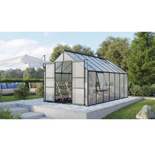 Gewächshaus mit geöffneter Tür und Fenster im Garten.