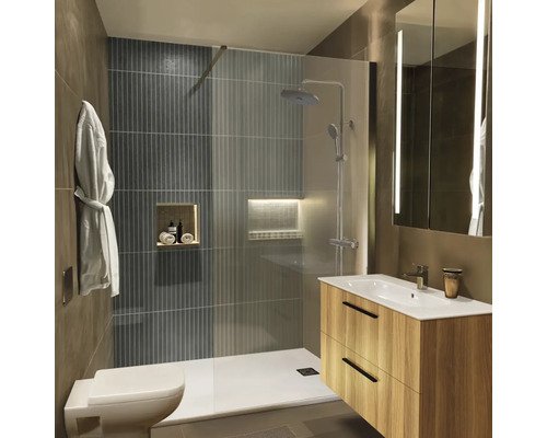 Badezimmer mit Dusche, Waschbeckenunterschrank, Spiegelschrank und Toilette