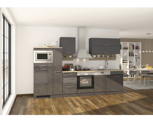 Held Möbel Küchenzeile mit Geräten Mailand 310 cm Frontfarbe grau hochglanz Korpusfarbe graphit zerlegt