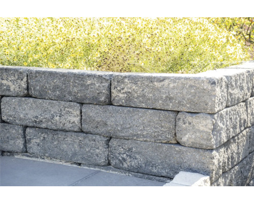 Gestapelte graue Gartenmauersteine mit Pflanzen