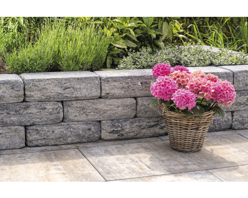 Gartenmauer mit Pflanzen und Blumen in einem Korb