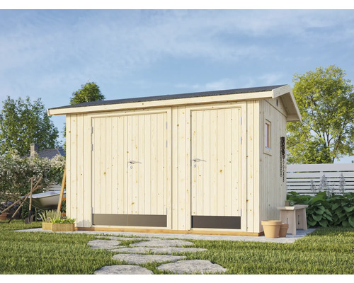 Gerätehaus Palmako Olaf 6,6 m² inkl. Fußboden 394 x 261 cm natur Gartenhaus aus Holz mit Doppeltür und Fenster im Garten