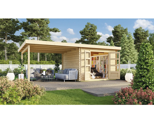 Garten mit Holzgartenhaus mit Überdachung und Terrasse mit Gartenmöbeln