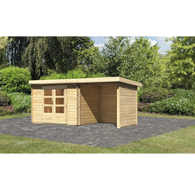 Holzgartenhaus mit Doppeltür und offener Veranda im Garten.