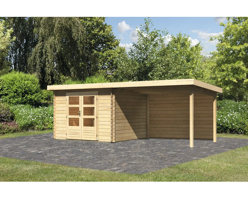 Gartenhaus Karibu Noorvik 5 inkl. Anbaudach 3 m, Rückwand 614 x 333 cm natur Holzgartenhaus mit Vordach im Garten