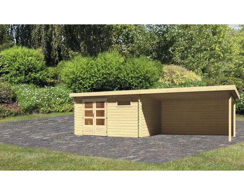 Gartenhaus Karibu Noorvik 8 mit Schleppdach 4 m, Rückwand 804 x 333 cm natur Holzgartenhaus mit Carport vor Gartenkulisse
