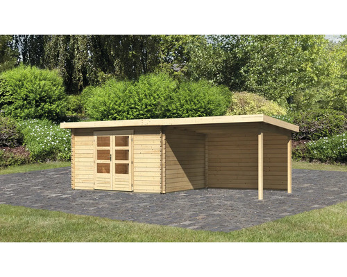 Gartenhaus Karibu Noorvik 7 inkl. Anbaudach 3 m, Rückwand 674 x 333 cm natur Gartenhaus mit Anbau aus Holz im Garten