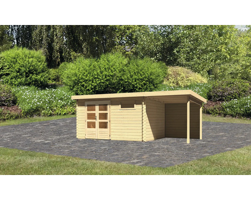 Gartenhaus Karibu Noorvik 8 inkl. Anbaudach 2 m, Rückwand 604,5 x 333 cm natur Holzgartenhaus mit überdachtem Bereich auf Steinterrasse