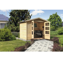 Holzgartenhaus mit Doppeltür und Sitzgelegenheit im Garten