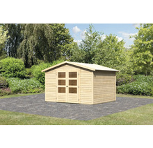 Holzgartenhaus mit Doppeltür und Fenstern im Garten