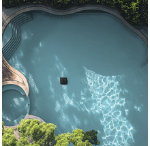 Draufsicht auf einen Swimmingpool mit Bäumen und Wasser