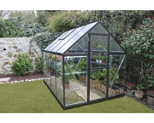 Gewächshaus mit Pflanzen im Garten.