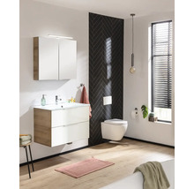 Modernes Badezimmer mit Waschtisch, Spiegelschrank, Hänge-WC und dunkler Akzentwand