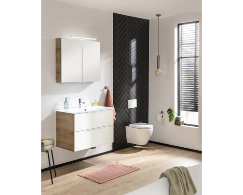 Modernes Badezimmer mit Waschtisch, Spiegelschrank, Hänge-WC und dunkler Akzentwand