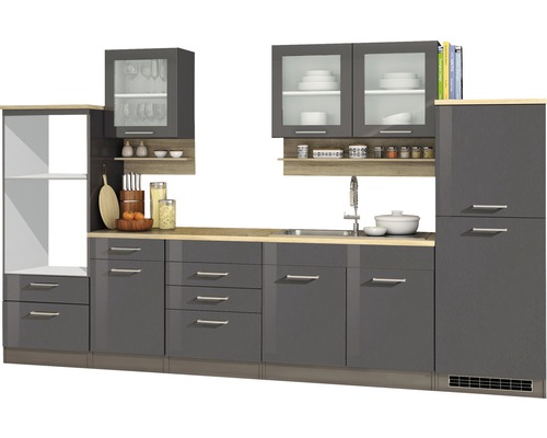 Held Möbel Küchenzeile Mailand 330 cm Frontfarbe grau hochglanz Korpusfarbe graphit zerlegt