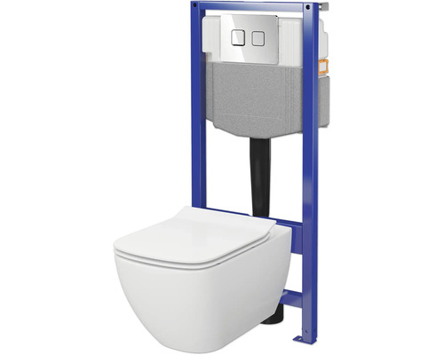 Wand-WC Set Cersanit VIRGO Tiefspüler ohne Spülrand weiß glänzend mit WC-Sitz , Vorwandelement und Betätigungsplatte Accento Square chrom SZWZ1008456282