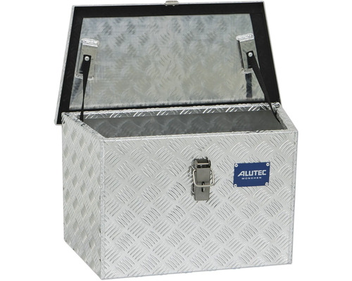 Geöffnete Werkzeugkiste aus Aluminium mit Riffelblechmuster