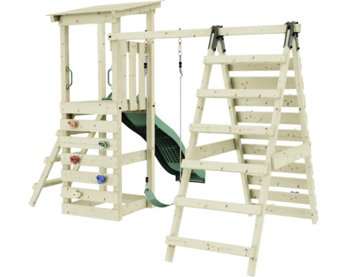 Spielturm mit Rutsche, Schaukel und Kletterwand für den Garten