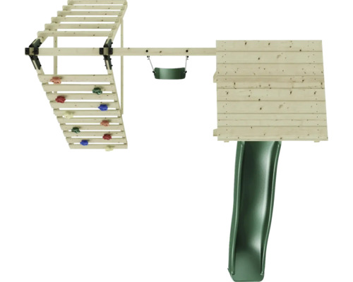 Spielturm mit Kletterwand, Schaukel und Rutsche aus Holz