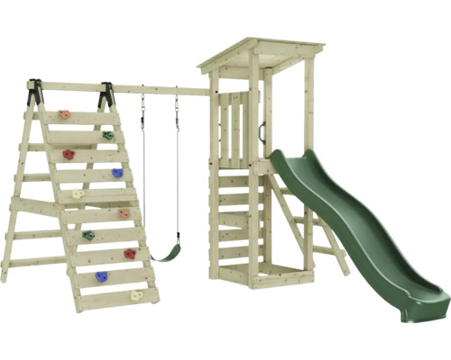 Spielplatz mit Kletterwand, Schaukel und Rutsche aus Holz