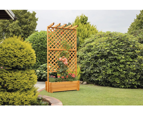 Holz-Pflanzkasten mit Rankgitter im Garten