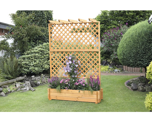 Holzpflanzkasten mit Rankgitter im Garten