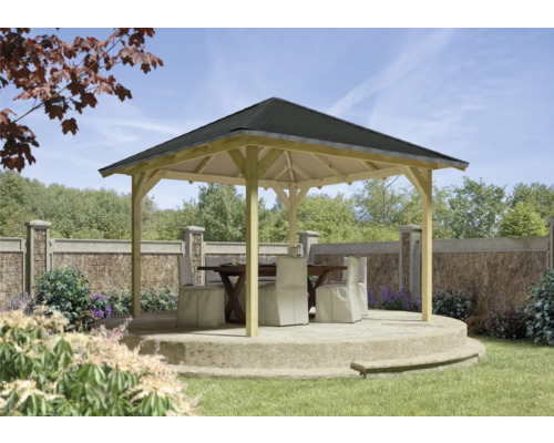 Pavillon Karibu Ostrau mit Pfostenanker 289 x 289 cm kesseldruckimprägniert Holzpavillon mit Tisch und Stühlen im Garten
