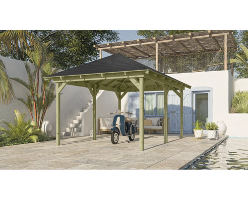 Pavillon Karibu Taura mit Pfostenanker 289 x 429 cm kesseldruckimprägniert Helle Gartenlandschaft mit Holzpavillon und Motorroller