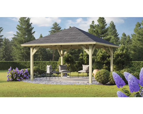 Pavillon Karibu Dannau 1 mit Pfostenanker 359 x 359 cm kesseldruckimprägniert Holzpavillon mit Dach und Sitzgelegenheit im Garten.
