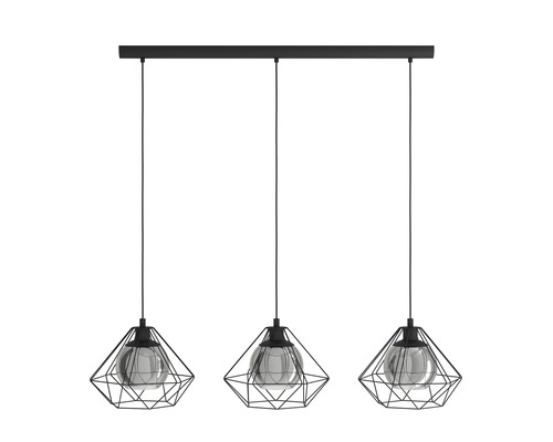 Hängelampe mit drei geometrischen Lampenschirmen und Metallrahmen