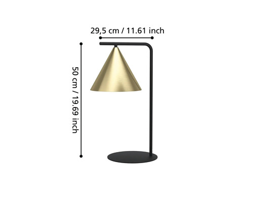 Tischleuchte mit konischem Lampenschirm und Maßangaben
