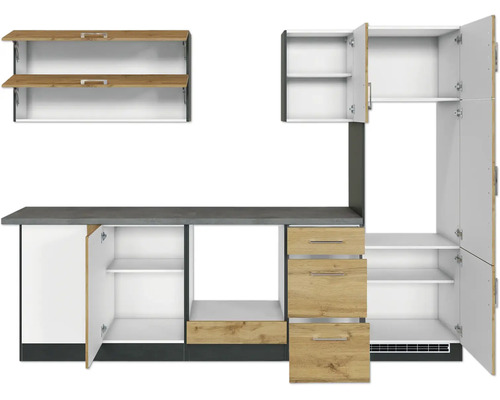 Küchenzeile mit Schränken, Schubladen und Arbeitsplatte