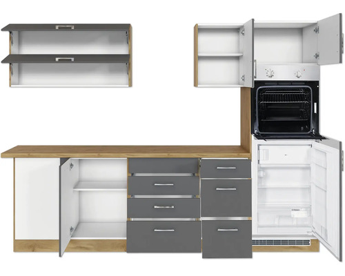 Küchenzeile mit Schränken, Schubladen, Backofen und Kühlschrank