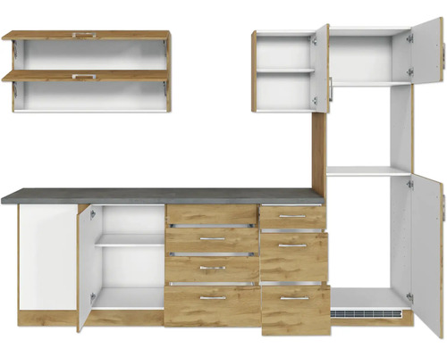 Küchenzeile mit Schränken, Schubladen und Arbeitsplatte