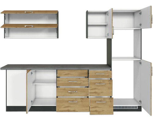 Küchenzeile mit Schubladen, Schränken und Regalen zur Kücheneinrichtung