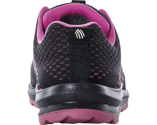 Rückansicht eines schwarzen Damen Sicherheitsschuhs mit pinkfarbenem Innenfutter