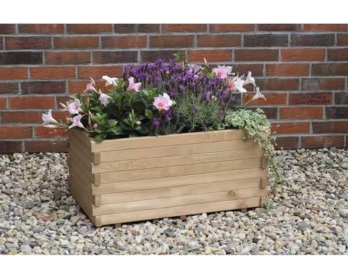 Holzblumenkasten mit verschiedenen Pflanzen im Garten