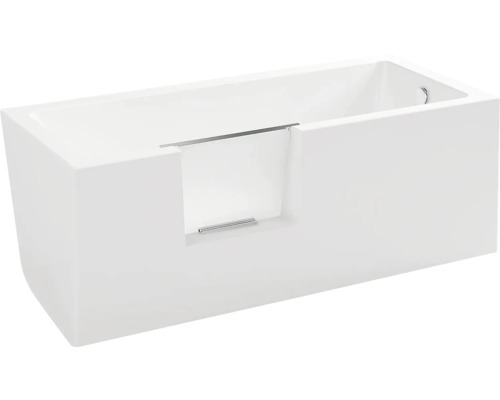 Rechteckige Badewanne mit Wannentür und Einstiegshilfe.