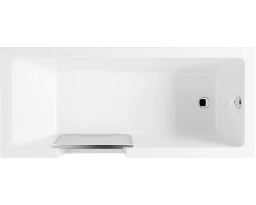 REIKA Comfort Badewanne mit Tür TOKAI rechts 160 x 70 cm mit Frontschürze und einer Seitenschürze weiß Aufnahme einer Badewanne mit Ablauf und Überlauf