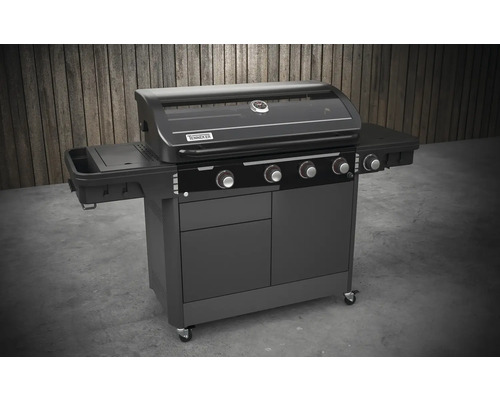 Gasgrill mit vier Brennern, Ablageflächen, Schrank und Rollen