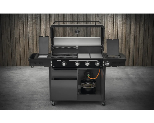 Gasgrill mit vier Brennern, Seitenkochfeld und Unterschrank für die Gasflasche