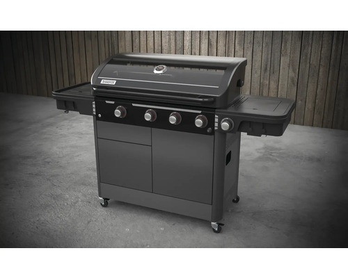 Gasgrill mit vier Brennern, Seitenablagen und Unterschrank auf Rollen