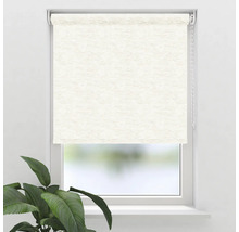 Fenster mit beiger, halbgeschlossener Stoffrollade