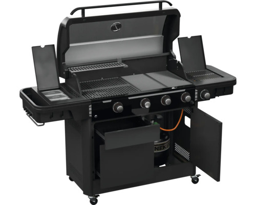 Schwarzer Gasgrill mit vier Brennern, Ablagetischen und offenem Deckel.