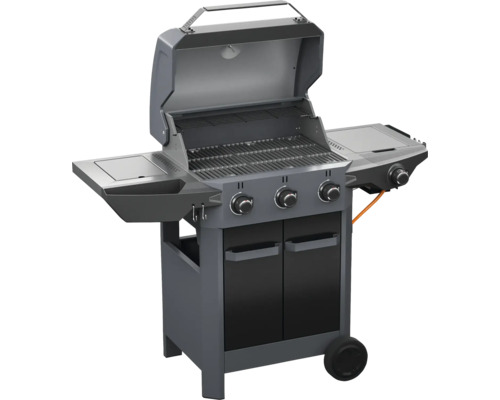 Gasgrill mit drei Brennern, offenem Deckel, Seitentischen und Unterschrank