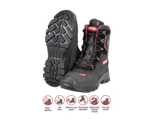 Oregon Forststiefel mit wasserabweisendem, antistatischem Material, Zehenschutzkappe, Fersenenergieabsorption, kohlenwasserstoffbeständiger und rutschfester Laufsohle.