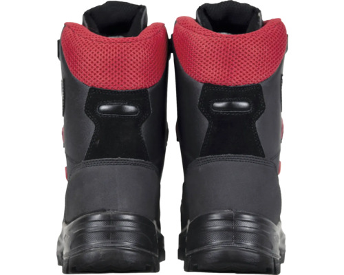 Paar schwarze Arbeitsstiefel von hinten.