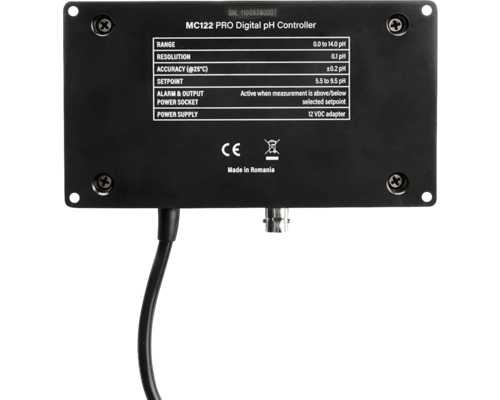 MC122 PRO Digital pH Controller mit Informationen zu Bereich, Auflösung, Genauigkeit, Sollwert, Alarm und Ausgang, Steckdose und Stromversorgung